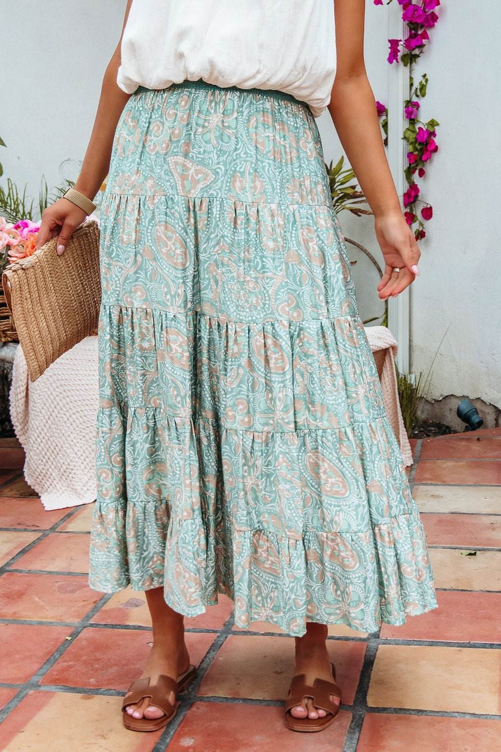 Green Paisley Print Tiered Maxi Skirt - FINAL SALE - One Revolver Surfboards