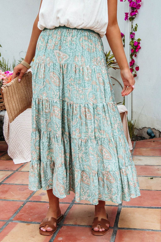 Green Paisley Print Tiered Maxi Skirt - FINAL SALE - One Revolver Surfboards