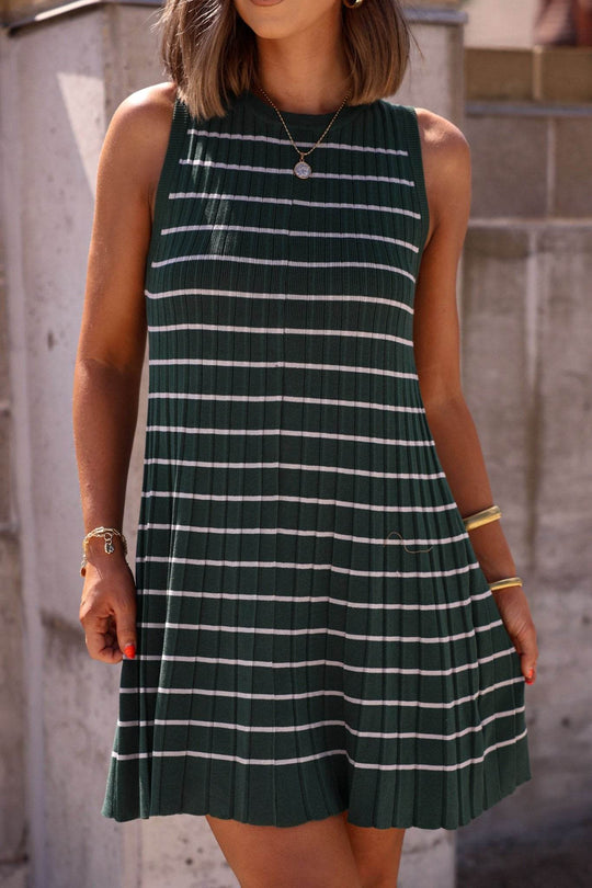Green Stripe Pleated Mini Dress - DOORBUSTER - One Revolver Surfboards