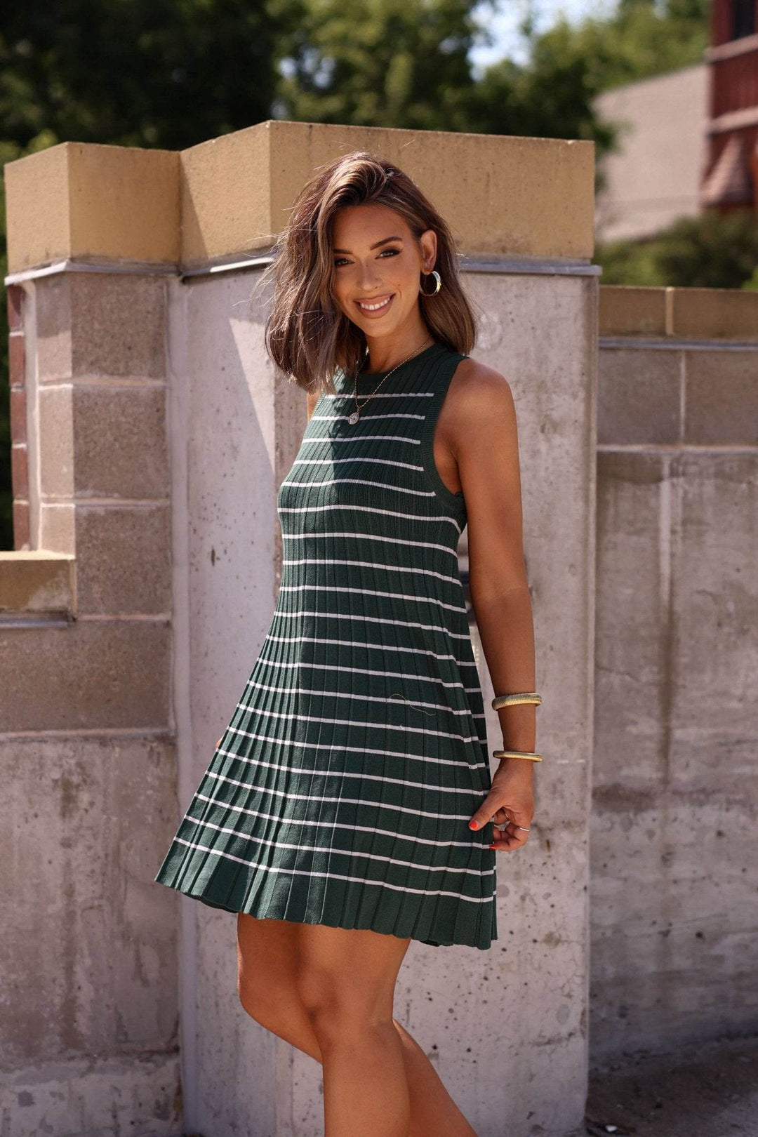 Green Stripe Pleated Mini Dress - DOORBUSTER - One Revolver Surfboards