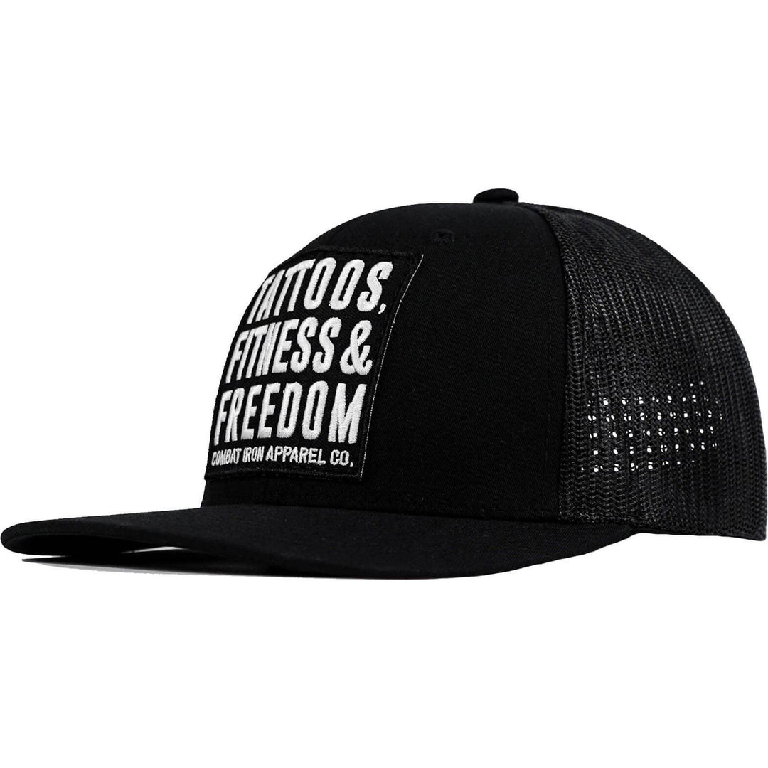 Tattoos, Fitness, & Freedom Black Patch Mid-Profile Mesh Snapback Hat - One Revolver Surfboards