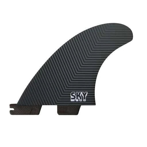 a black surfboard fin with the word sky on it