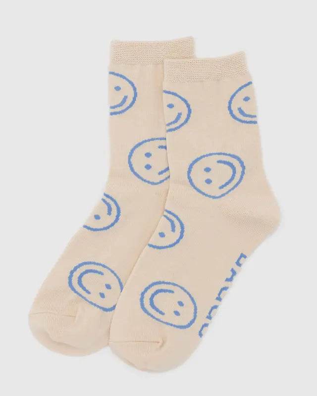 Baggu Crew Sock - Ecru Periwinkle Happy - One Revolver Surfboards