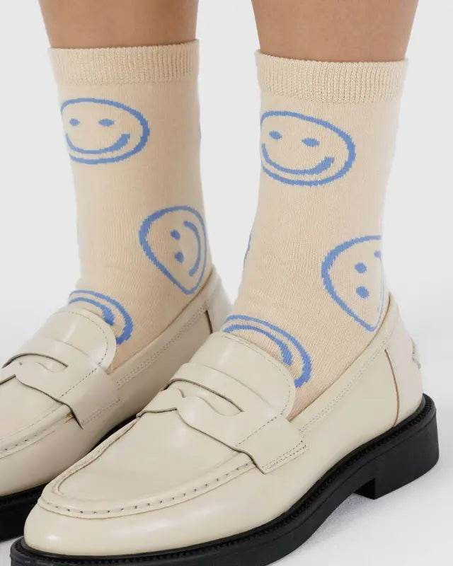 Baggu Crew Sock - Ecru Periwinkle Happy - One Revolver Surfboards