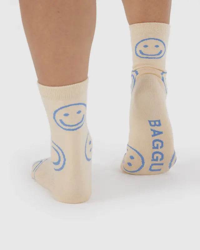 Baggu Crew Sock - Ecru Periwinkle Happy - One Revolver Surfboards