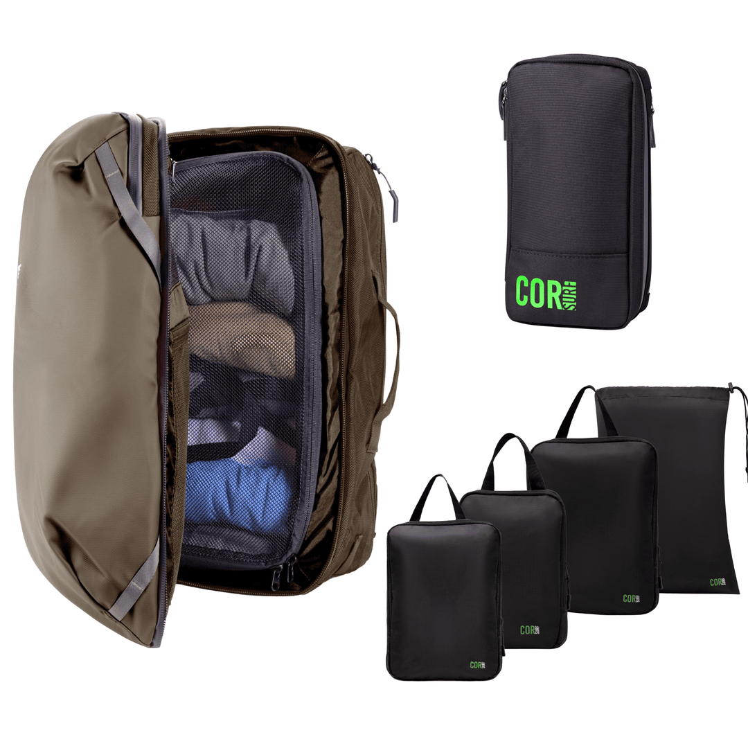 Island Hopper Travel Bundle - Backpack + Toiletry Bag + Compression Packing Cubes with YKK - Backpacks - One Revolver Surfboards