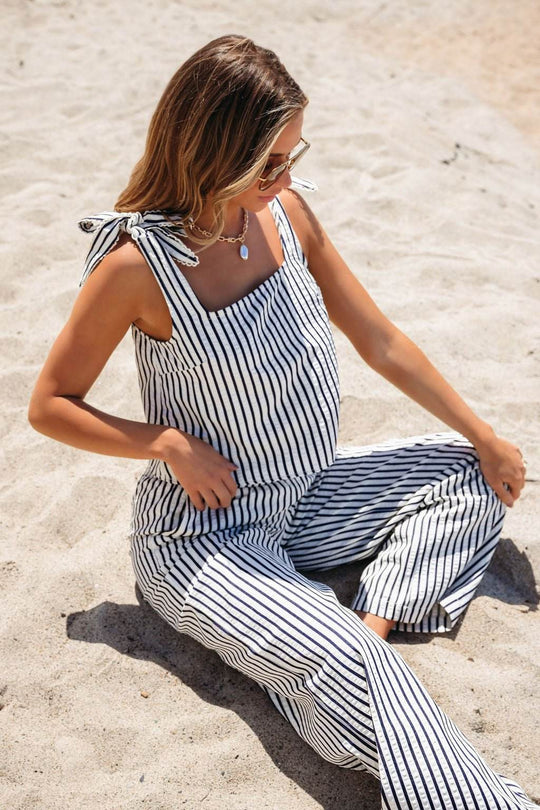 Ivory and Denim Striped Wide Leg Pants - FINAL SALE - One Revolver Surfboards