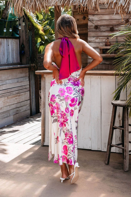 Ivory Satin Floral Print Halter Maxi Dress - FINAL SALE - One Revolver Surfboards