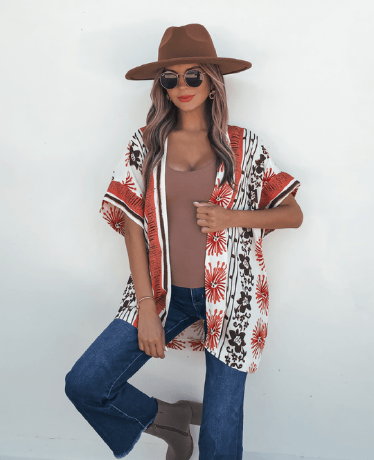 Jolene Multi Red Border Print Kimono Top - DOORBUSTER