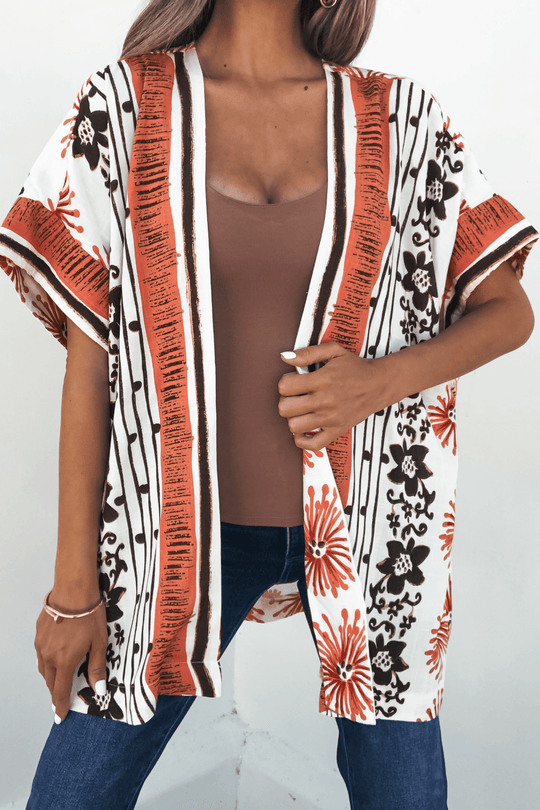 Jolene Multi Red Border Print Kimono Top - DOORBUSTER