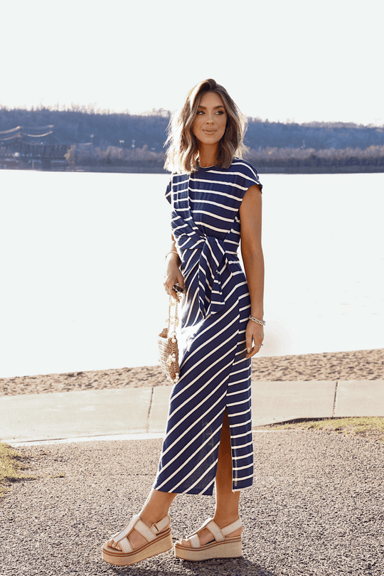 Marina Mornings Navy Striped Midi Tie Dress - DOORBUSTER - One Revolver Surfboards