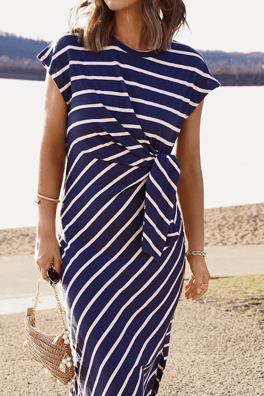 Marina Mornings Navy Striped Midi Tie Dress - DOORBUSTER - One Revolver Surfboards