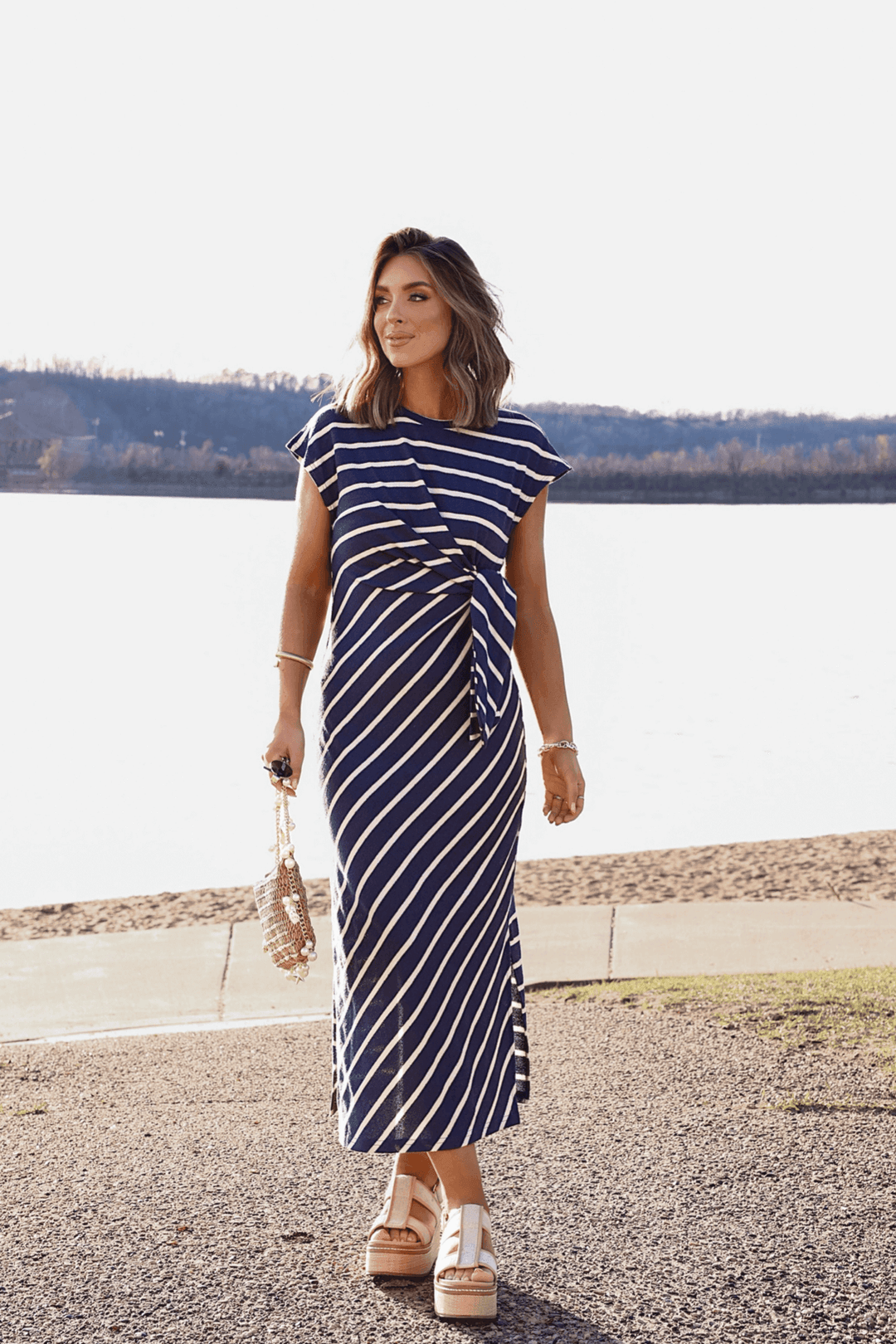 Marina Mornings Navy Striped Midi Tie Dress - DOORBUSTER - One Revolver Surfboards
