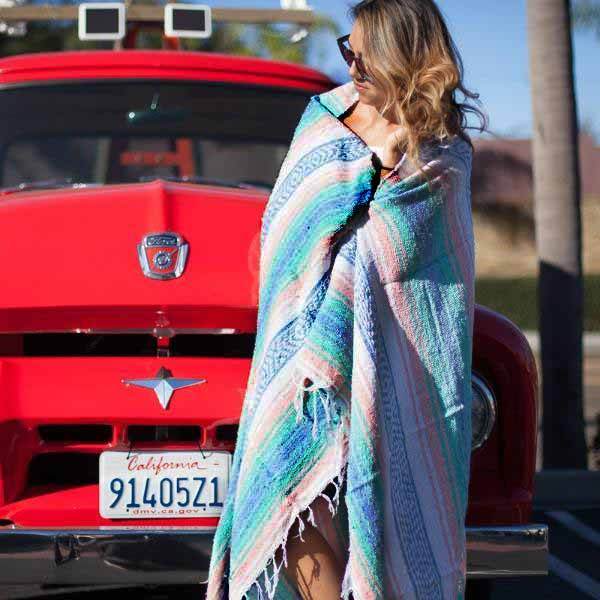 Mint, Blue & Coral Peach Mexican Falsa Blanket - One Revolver Surfboards