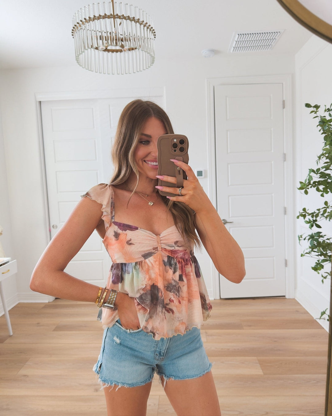 Natural Floral Print Sweetheart Babydoll Top - DOORBUSTER