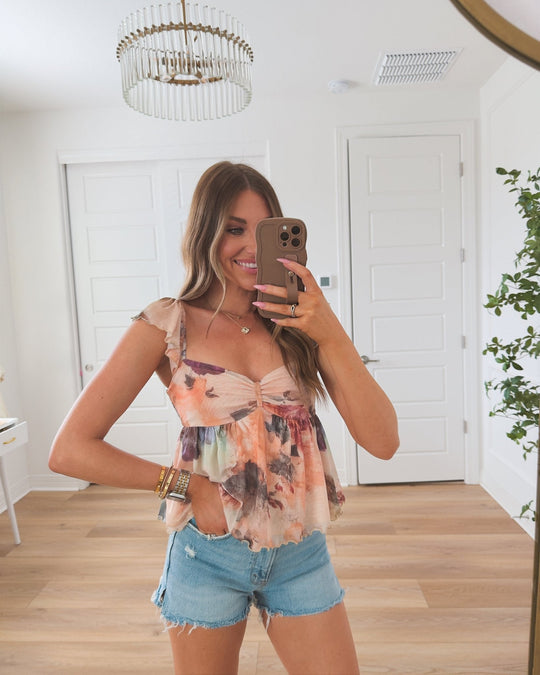 Natural Floral Print Sweetheart Babydoll Top - DOORBUSTER