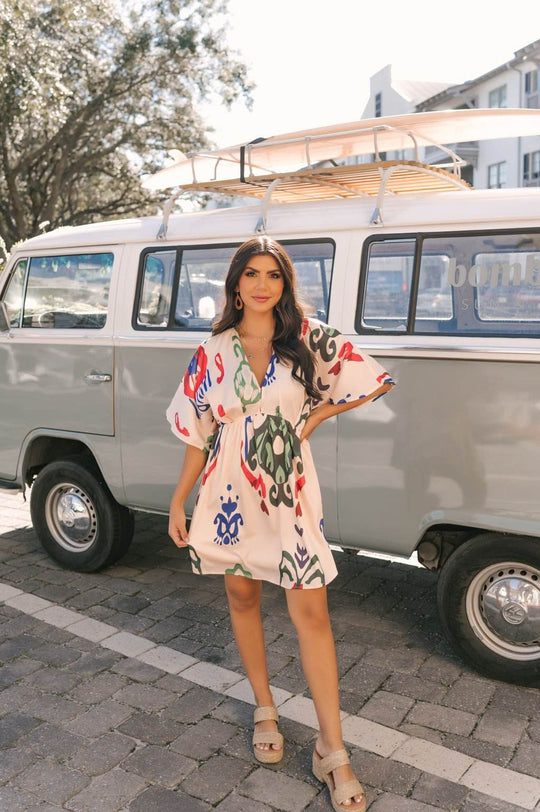 Natural Print V Neck Mini Dress - DOORBUSTER - One Revolver Surfboards