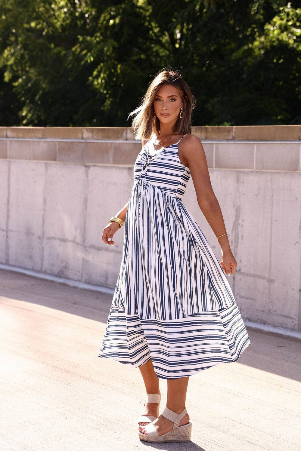Navy and White Striped Tie Front Midi Dress - FINAL SALE - One Revolver Surfboards