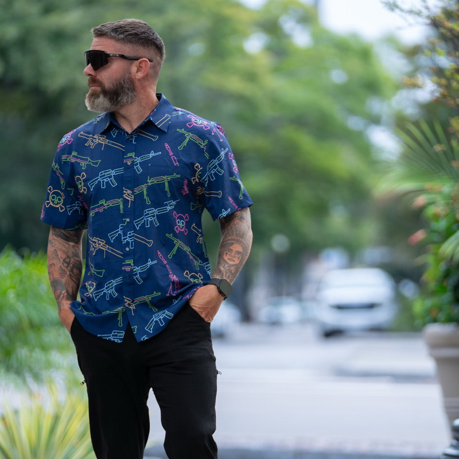 Neon Lights &amp; Gun Fights Button-up