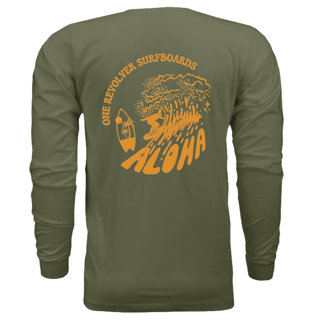 One Revolver Surfboards Retro Aloha Long-Sleeve Shirt – Unisex Lightweight Cotton Crew - One Revolver Surfboards
