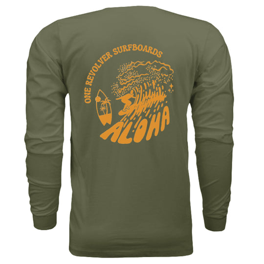 One Revolver Surfboards Retro Aloha Long-Sleeve Shirt – Unisex Lightweight Cotton Crew - One Revolver Surfboards