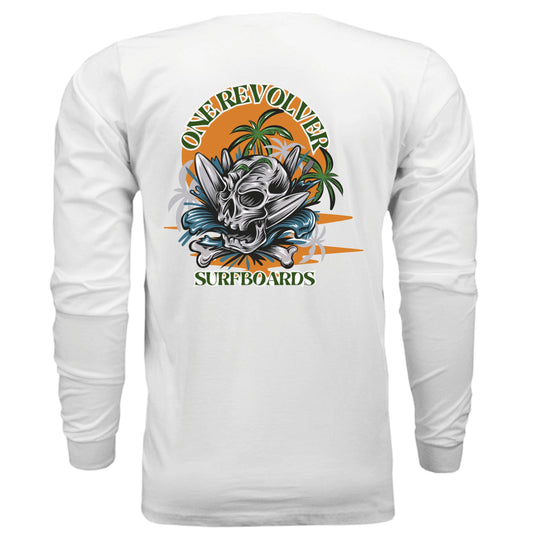One Revolver Surfboards Skull Graphic Long-Sleeve Tee – Unisex Lightweight Cotton Crew - One Revolver Surfboards