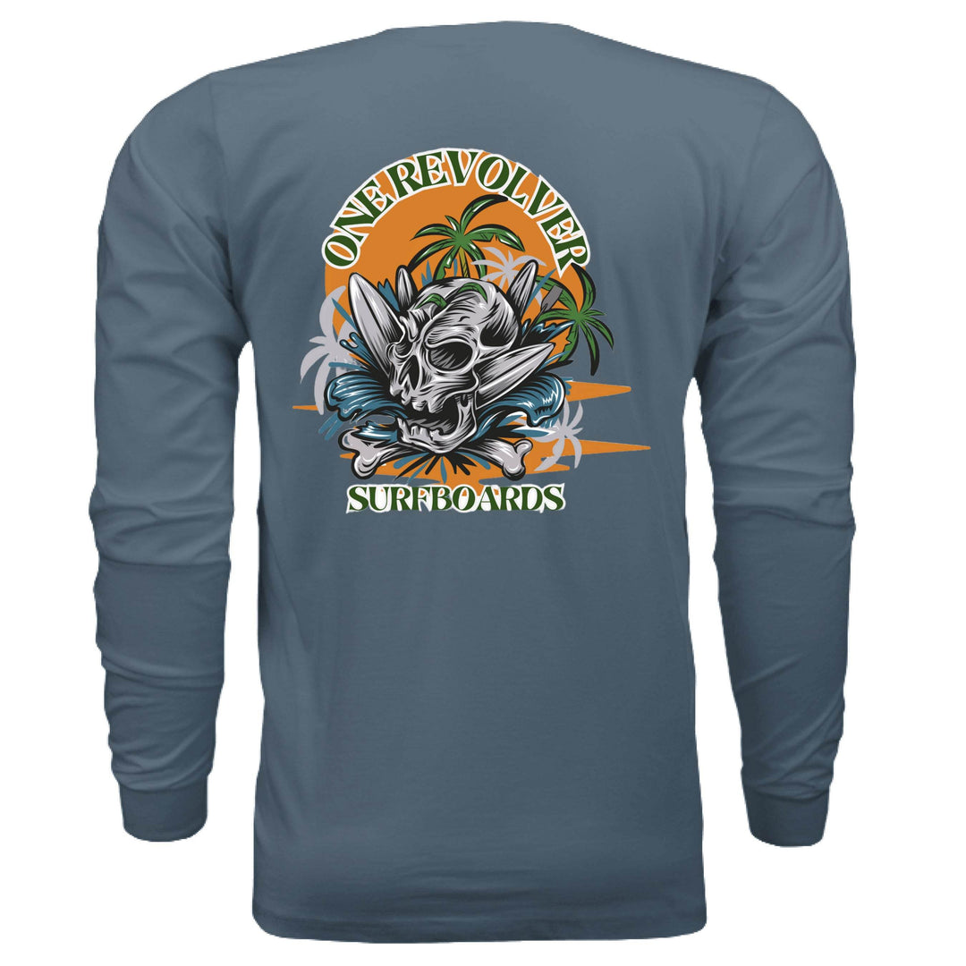 One Revolver Surfboards Skull Graphic Long-Sleeve Tee – Unisex Lightweight Cotton Crew - One Revolver Surfboards