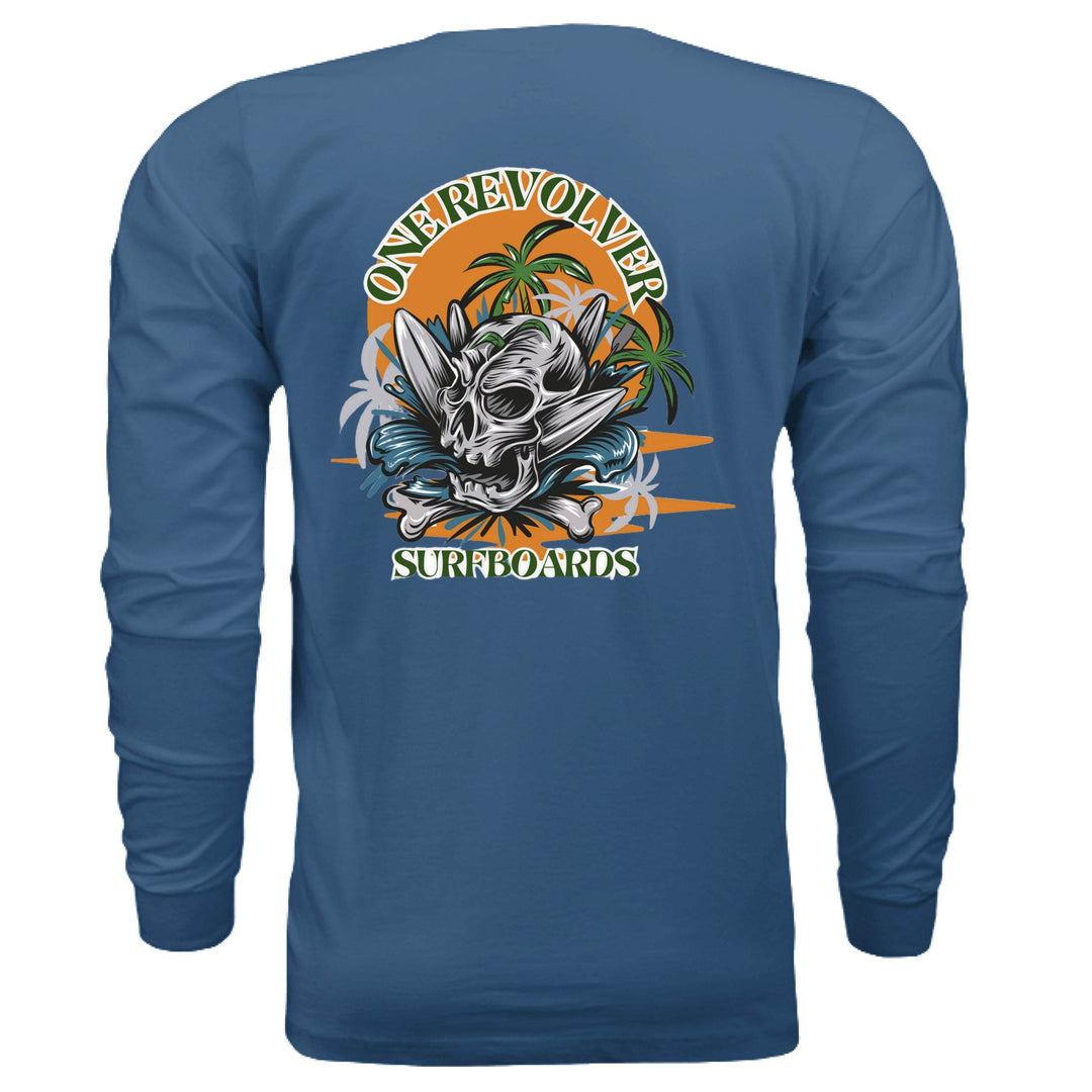 One Revolver Surfboards Skull Graphic Long-Sleeve Tee – Unisex Lightweight Cotton Crew - One Revolver Surfboards