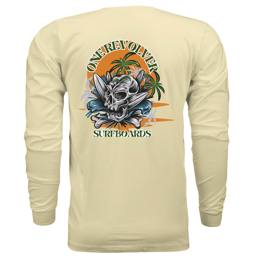 One Revolver Surfboards Skull Graphic Long-Sleeve Tee – Unisex Lightweight Cotton Crew - One Revolver Surfboards