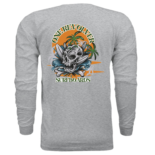 One Revolver Surfboards Skull Graphic Long-Sleeve Tee – Unisex Lightweight Cotton Crew - One Revolver Surfboards