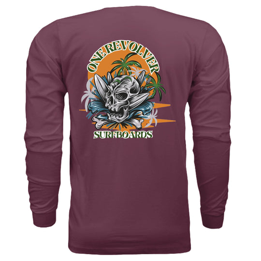 One Revolver Surfboards Skull Graphic Long-Sleeve Tee – Unisex Lightweight Cotton Crew - One Revolver Surfboards