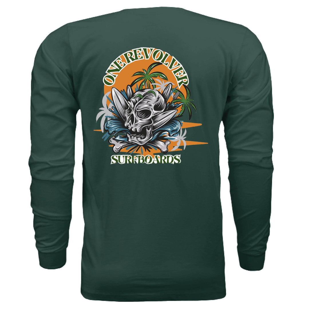 One Revolver Surfboards Skull Graphic Long-Sleeve Tee – Unisex Lightweight Cotton Crew - One Revolver Surfboards