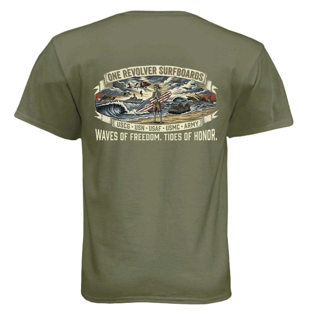 One Revolver "Eternal Vanguard" All-Branch Military Surf Tee – Next Level CVC - One Revolver Surfboards