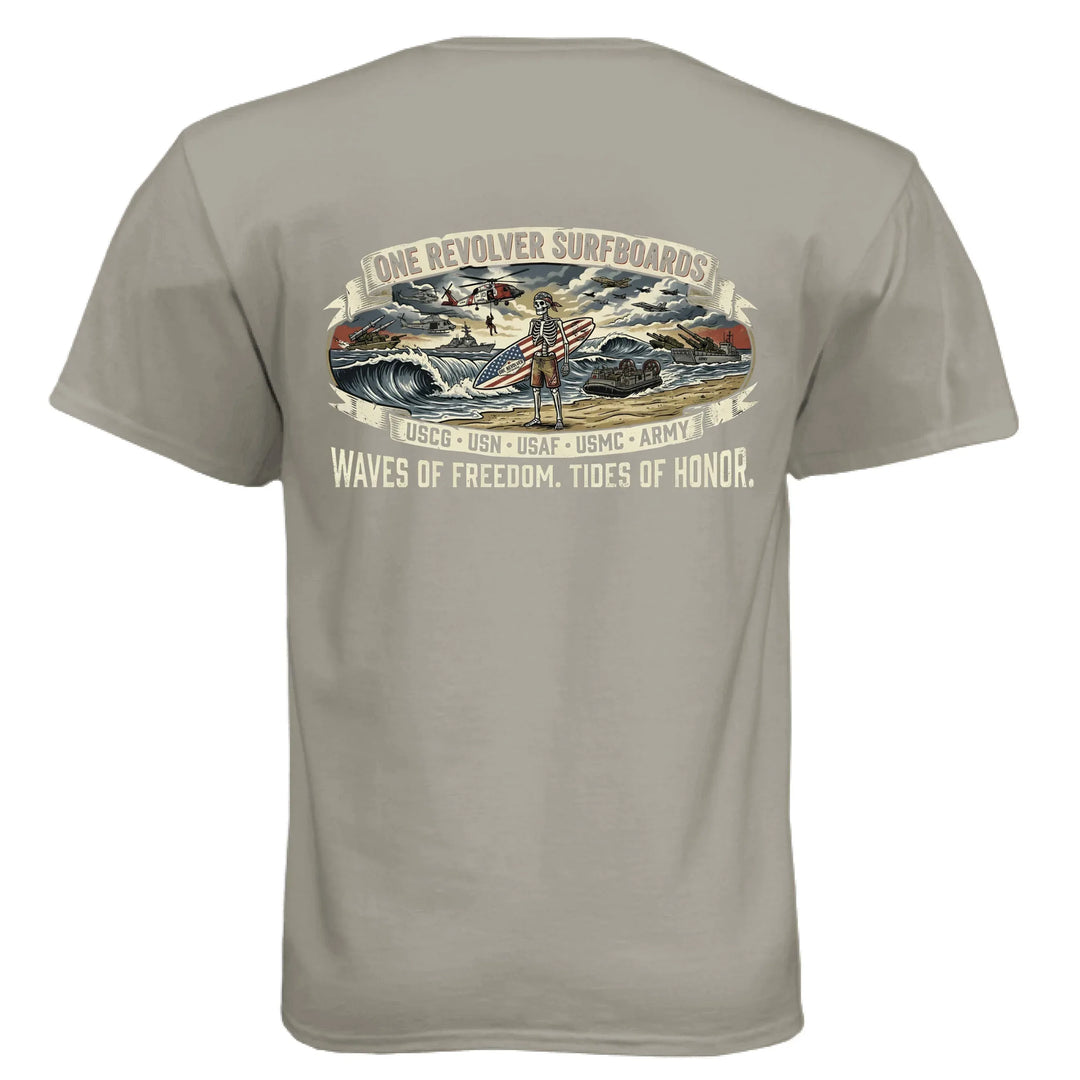 One Revolver "Eternal Vanguard" All-Branch Military Surf Tee – Next Level CVC - One Revolver Surfboards