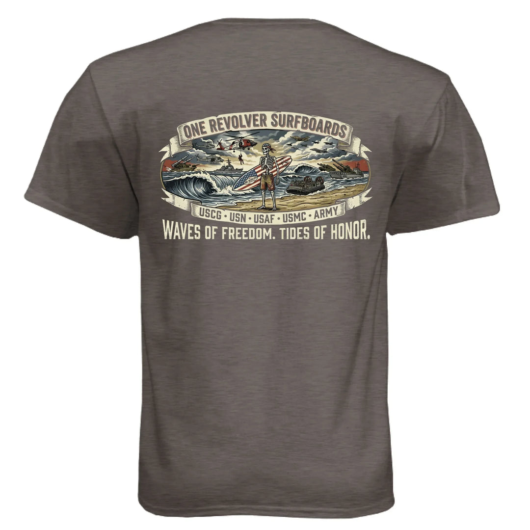 One Revolver "Eternal Vanguard" All-Branch Military Surf Tee – Next Level CVC - One Revolver Surfboards