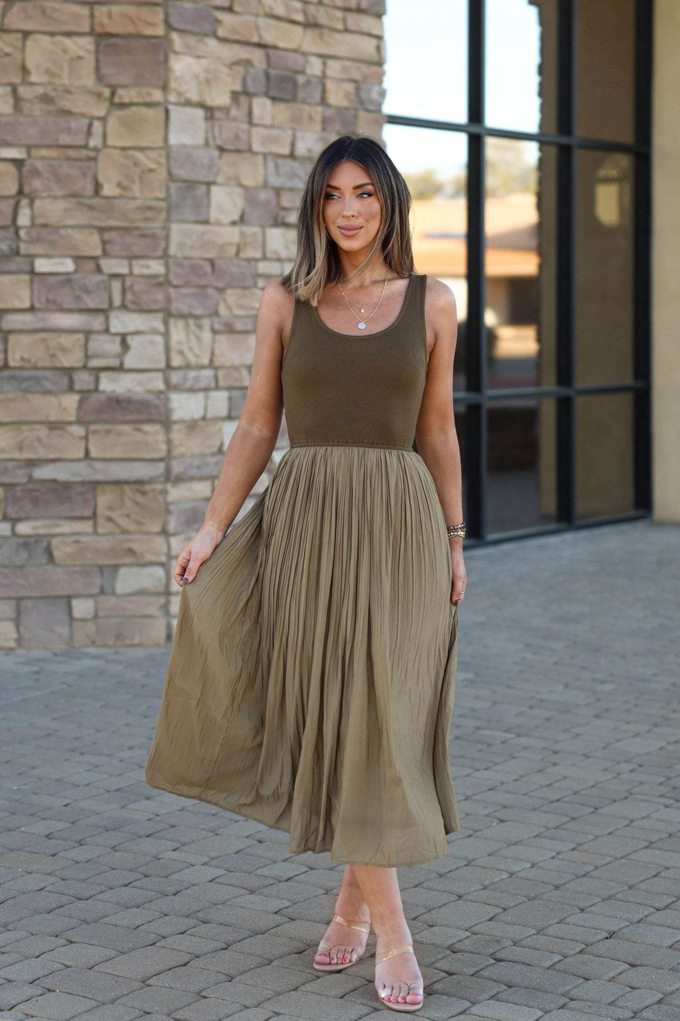 Olive Scoop Neck Pleated Tank Midi Dress - One Revolver Surfboards