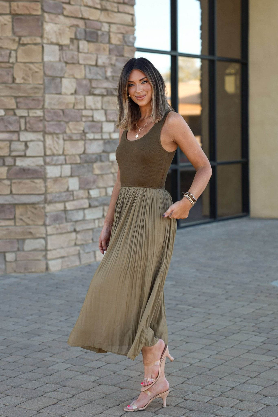 Olive Scoop Neck Pleated Tank Midi Dress - One Revolver Surfboards