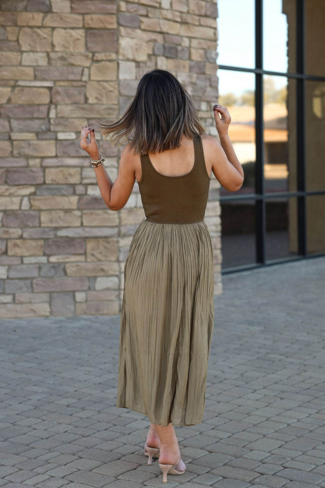 Olive Scoop Neck Pleated Tank Midi Dress - One Revolver Surfboards