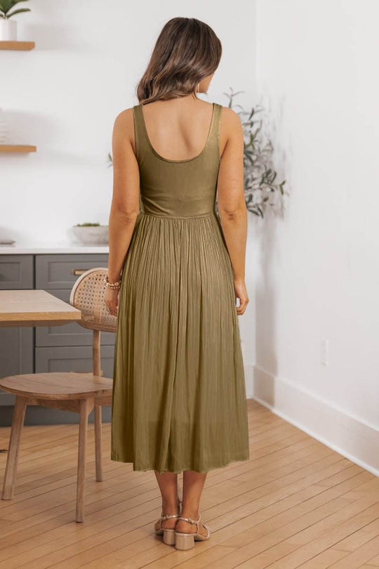 Olive Scoop Neck Pleated Tank Midi Dress - One Revolver Surfboards