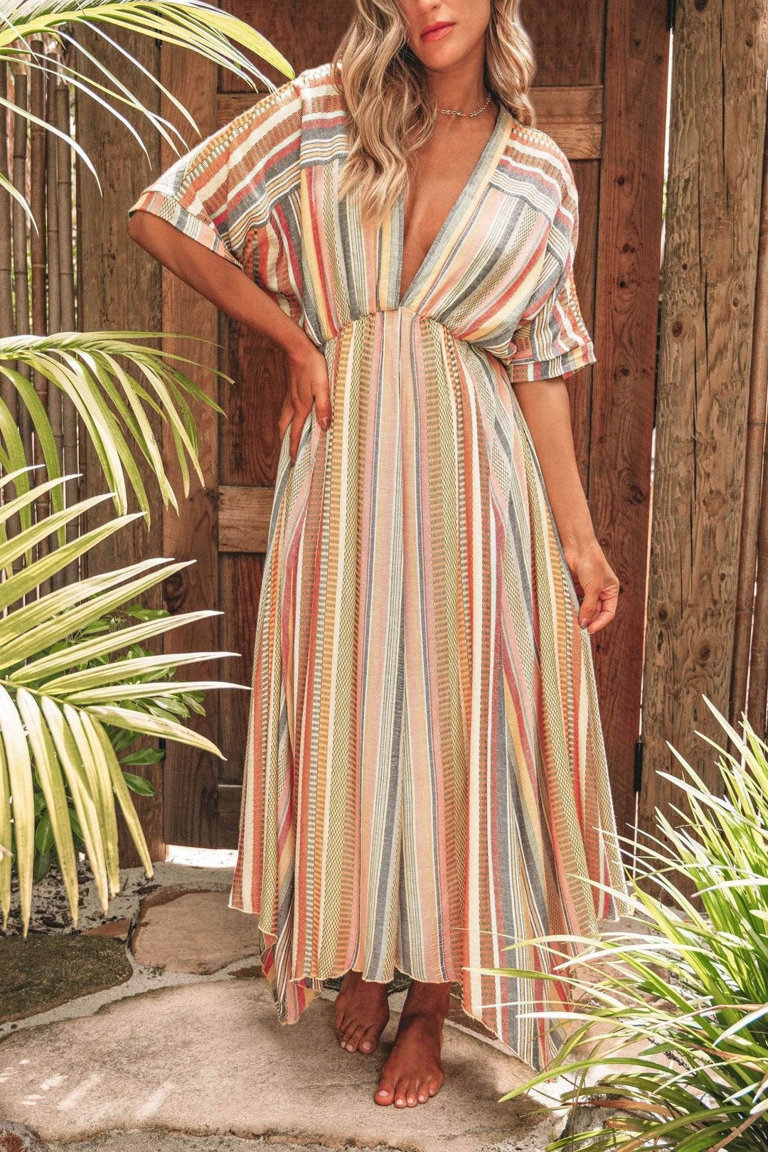 Pink Multi Stripe Kimono Sleeve Midi Dress - FINAL SALE - One Revolver Surfboards