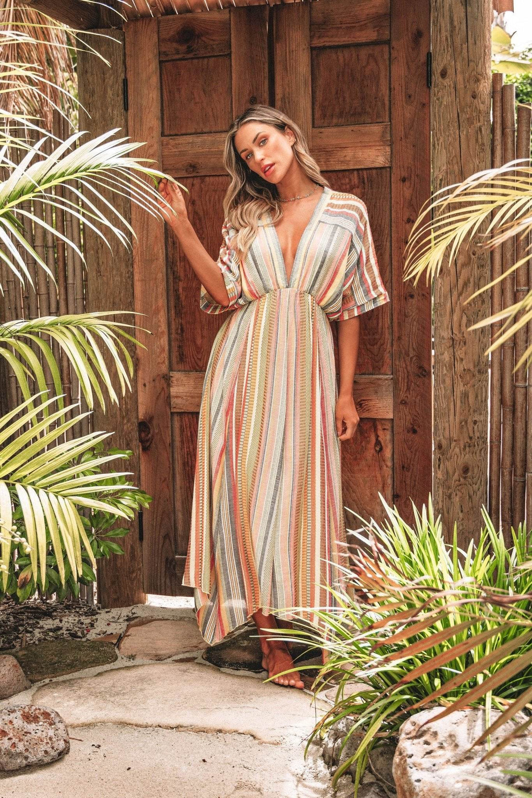 Pink Multi Stripe Kimono Sleeve Midi Dress - FINAL SALE - One Revolver Surfboards
