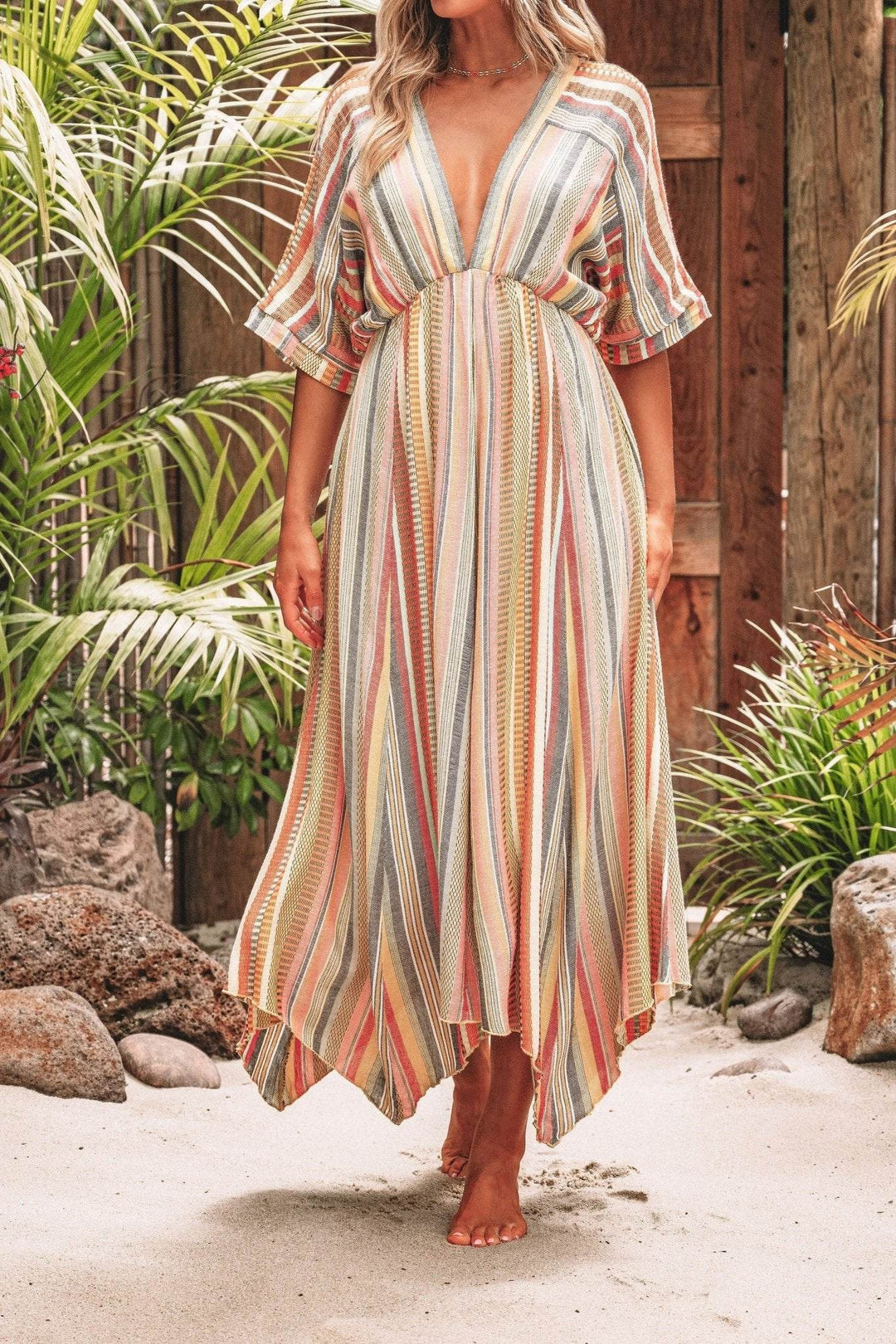 Pink Multi Stripe Kimono Sleeve Midi Dress - FINAL SALE - One Revolver Surfboards
