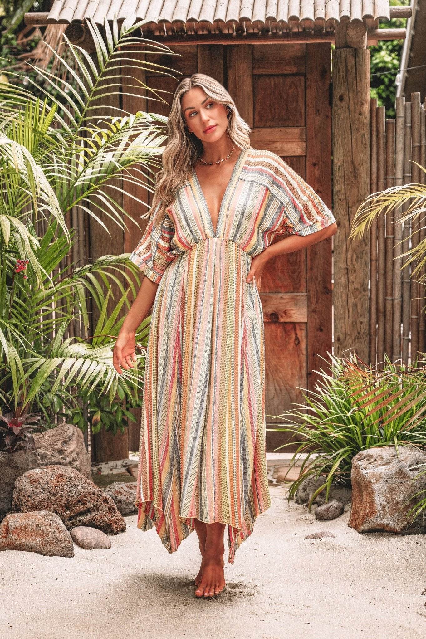 Pink Multi Stripe Kimono Sleeve Midi Dress - FINAL SALE - One Revolver Surfboards