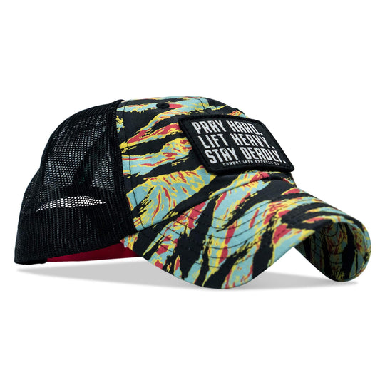 One Revolver Surfboards - Pray Hard. Lift Heavy. Stay Deadly. Patch Tactical Ripstop Mesh Snapback Hat HEADWEAR