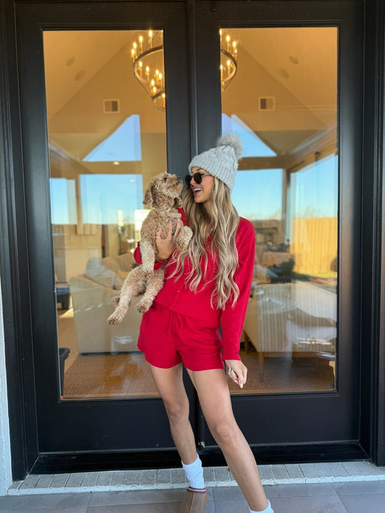 Red Heart Shaped Pointelle Button Down Top - FINAL SALE