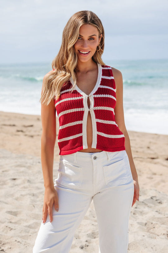 Red Striped Contrast Button Front Vest - FINAL SALE