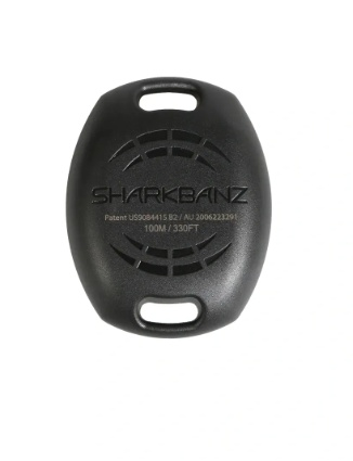 the sharkkinz logo on a black plastic key chain