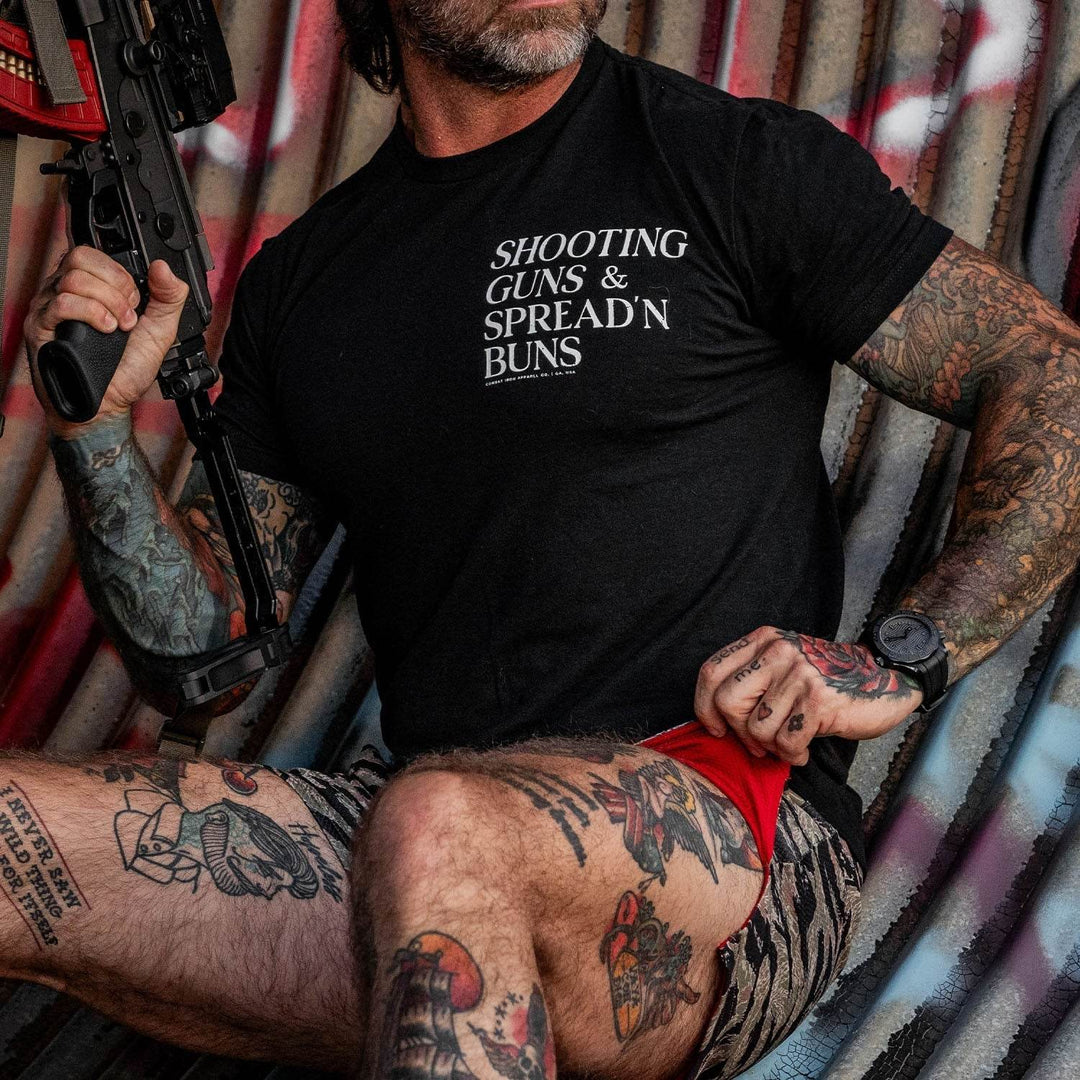 Shooting Guns & Spread'n Buns Men's T-Shirt - One Revolver Surfboards