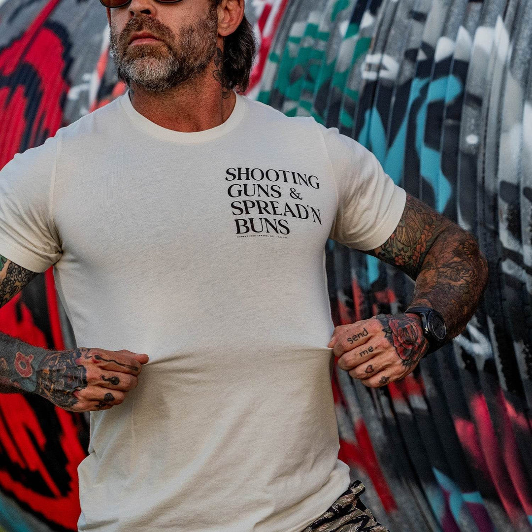 Shooting Guns & Spread'n Buns Men's T-Shirt - One Revolver Surfboards