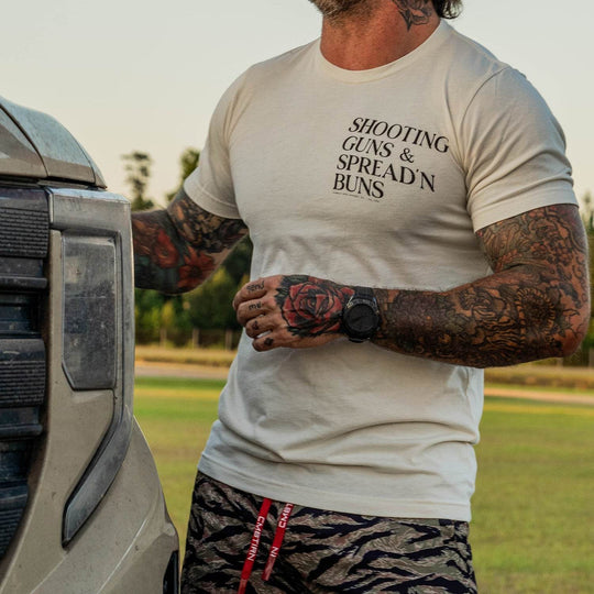 Shooting Guns & Spread'n Buns Men's T-Shirt - One Revolver Surfboards